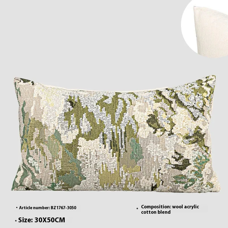 Antique green abstract botanical pillow with spring flower pattern in French style design