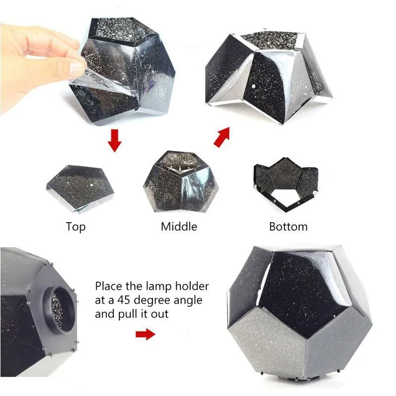 LED starry sky projector night light showing constellation projection on a bedroom ceiling.