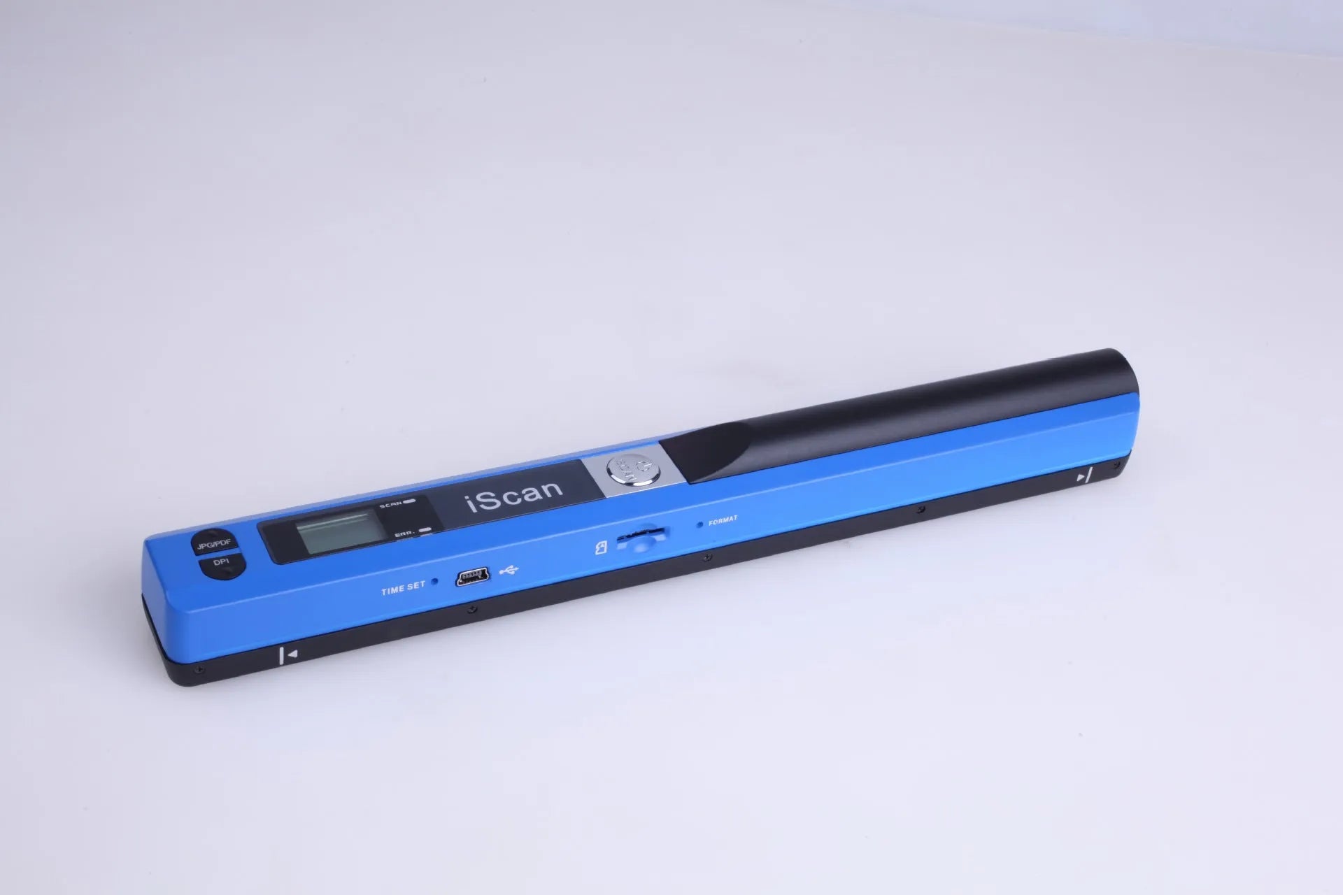 Handheld USB scanner in black, blue, green, red, and silver colour options on a desk.