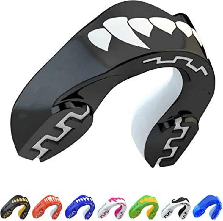 Adult boxing mouthguard with tooth socket design in black and white, red and white, and blue and white colour options.