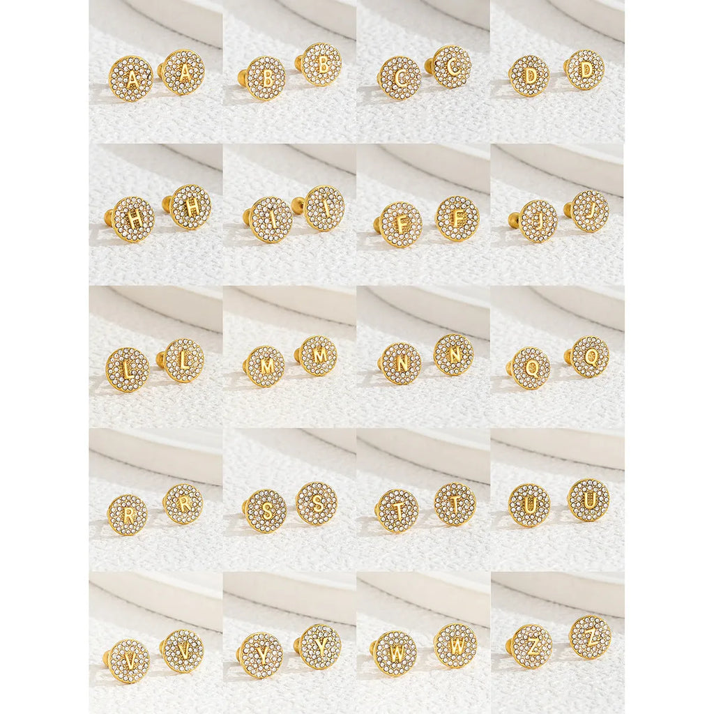 Round micro inlaid zircon stainless steel stud earring with real gold plating, English letter A on a unisex college style earring