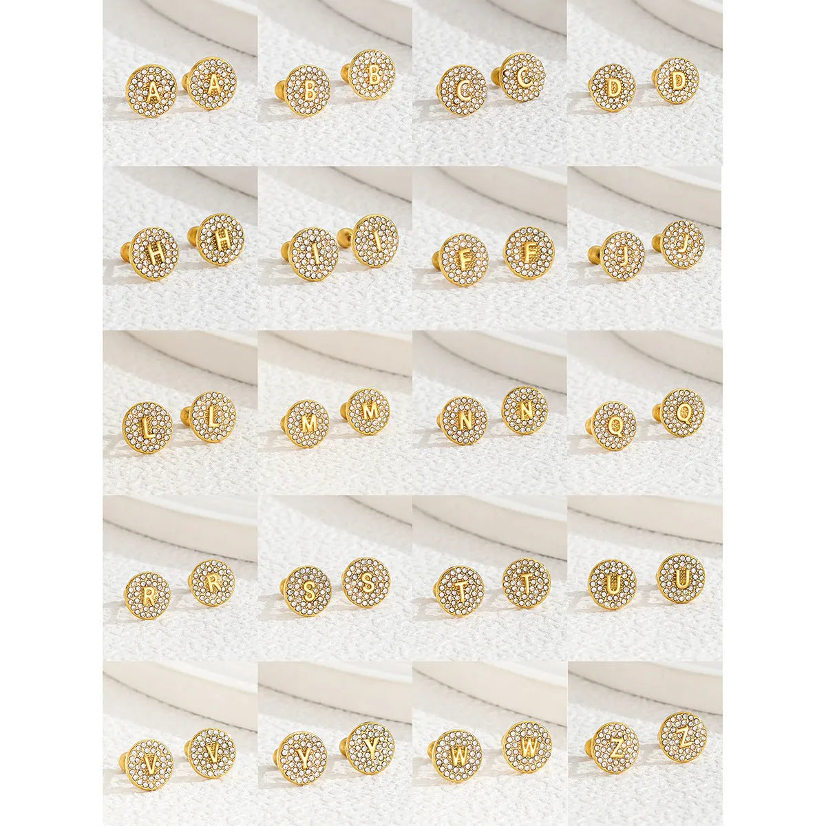 Round micro inlaid zircon stainless steel stud earring with real gold plating, English letter A on a unisex college style earring