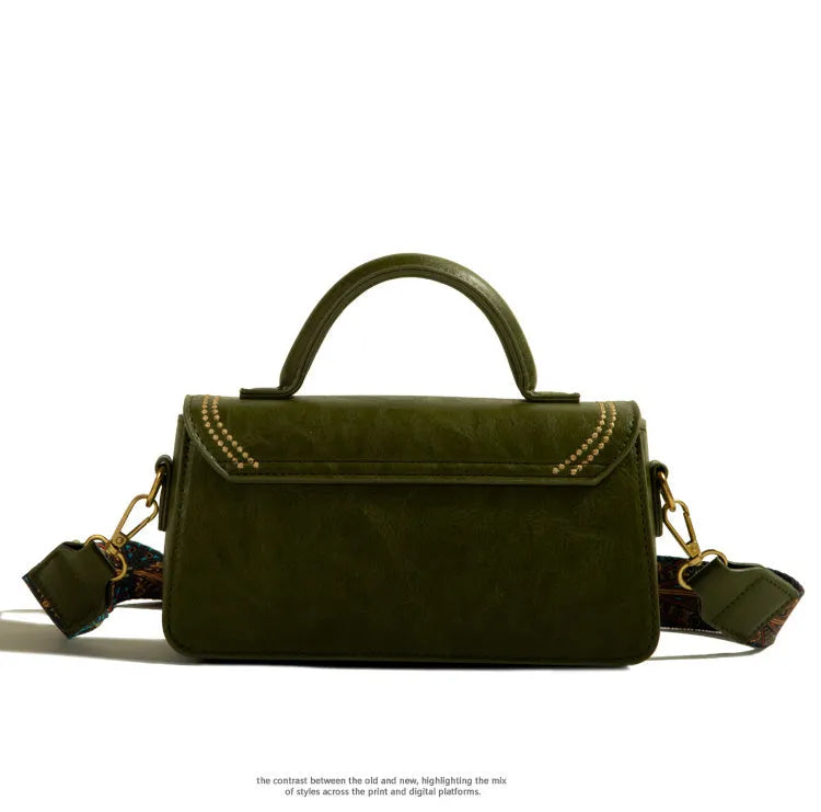 Brown retro women's messenger bag with sandwich pockets and crossbody strap showing interior phone compartment