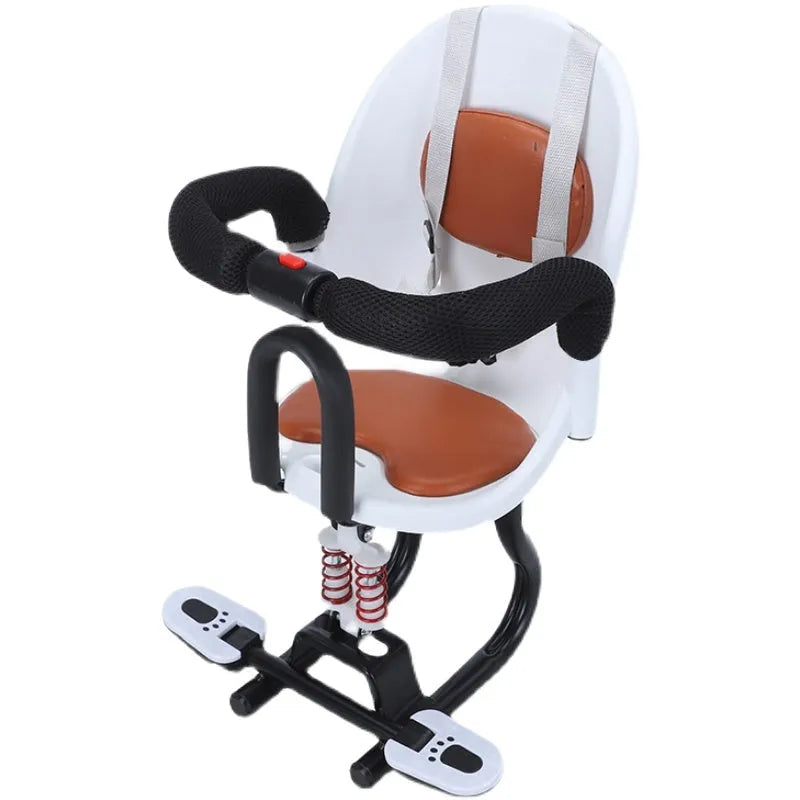 Front baby scooter safety seat with high carbon steel frame in white, red, or black