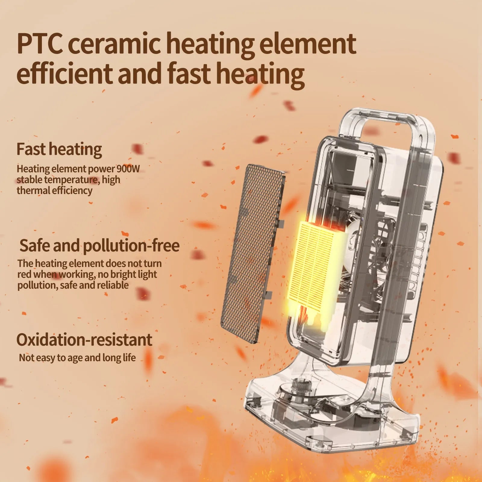 Compact black PTC ceramic desktop heater with control knob showing three speed settings