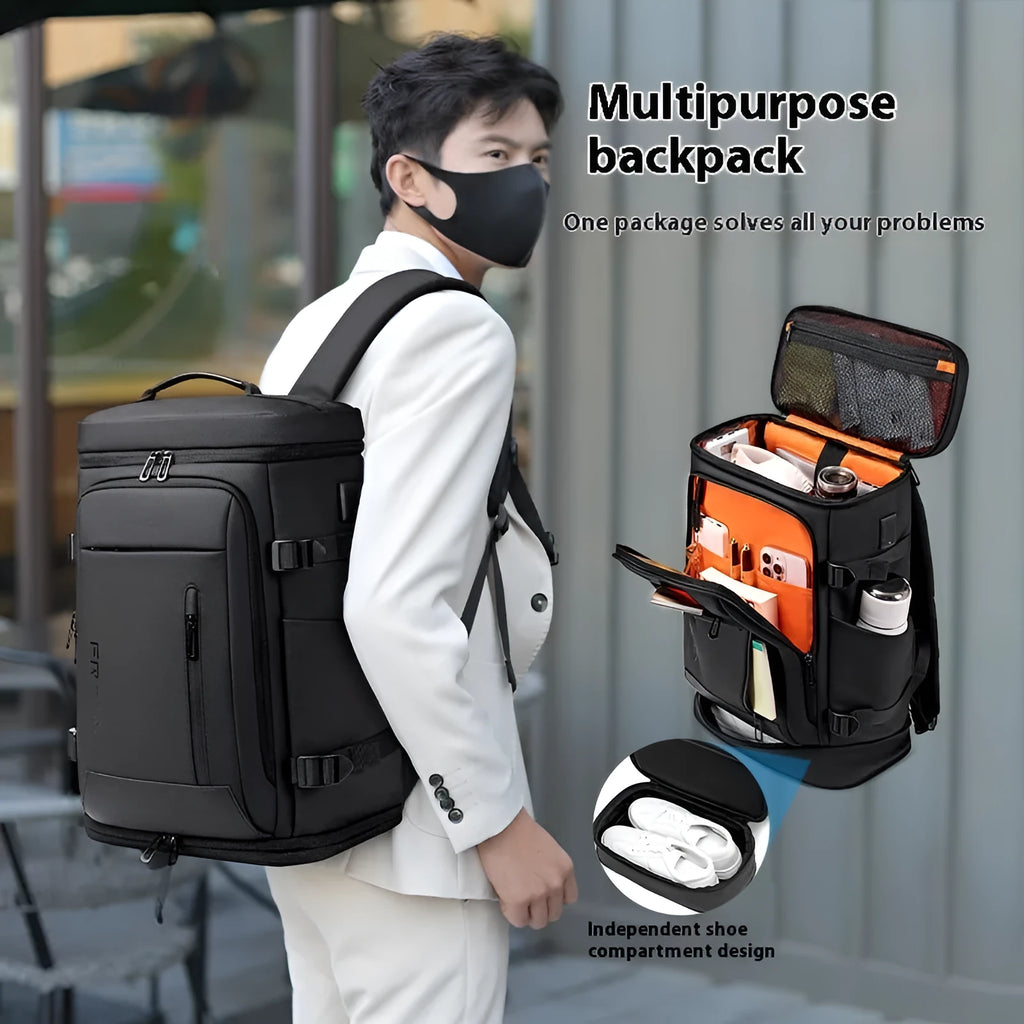 Black Oxford cloth travel bag with USB interface and curved shoulder strap for 16-inch computer