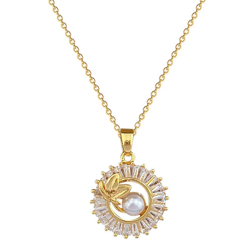 Square geometric necklace with diamond and leaf design alongside matching stud earrings