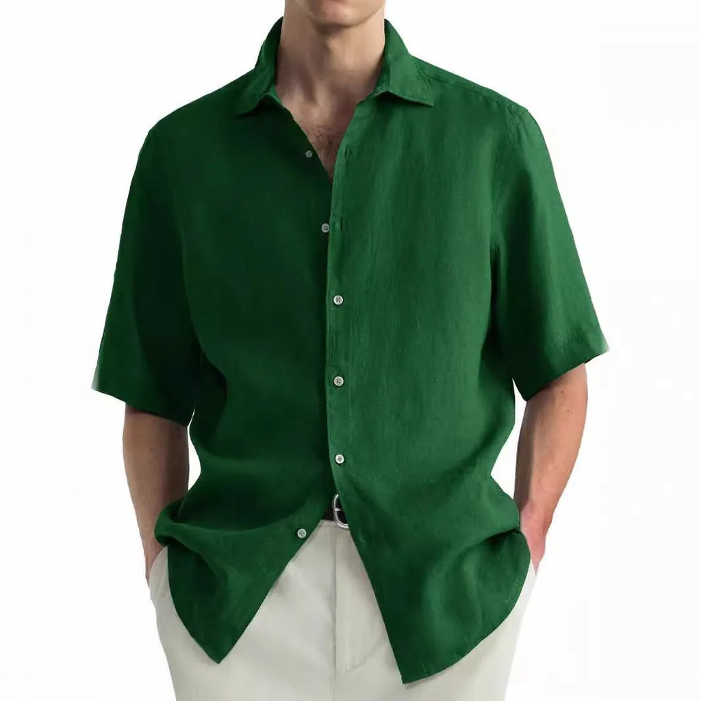 Men's green washed cotton casual shirt in a cardigan style with a regular fit.