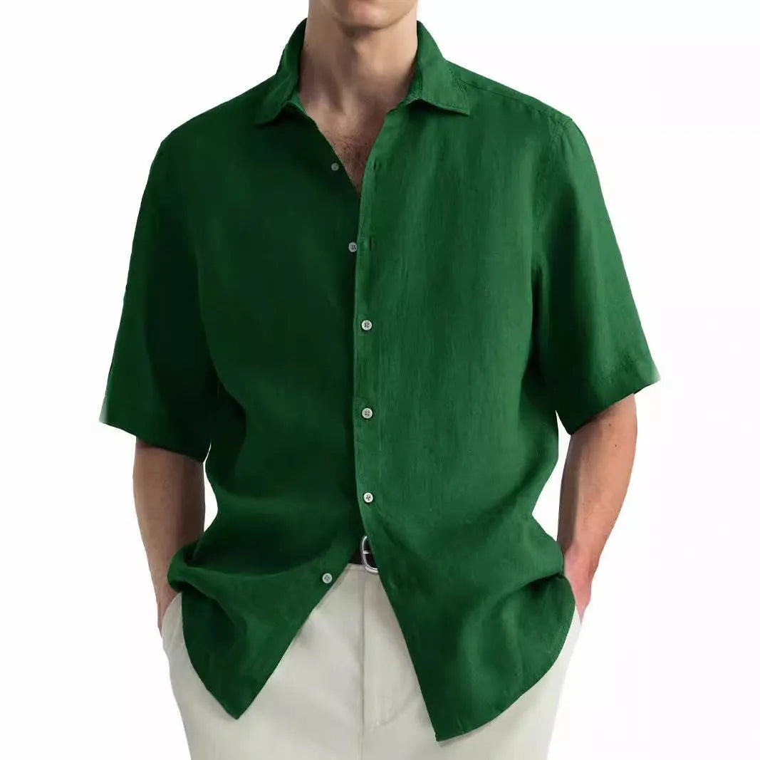Men's green washed cotton casual shirt in a cardigan style with a regular fit.