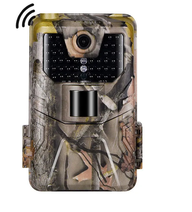 Compact camouflage outdoor hunting camera with infrared LEDs for night vision and Bluetooth connectivity.