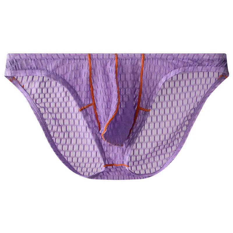 Men's ice silk lace low waist briefs in solid colours on a white background
