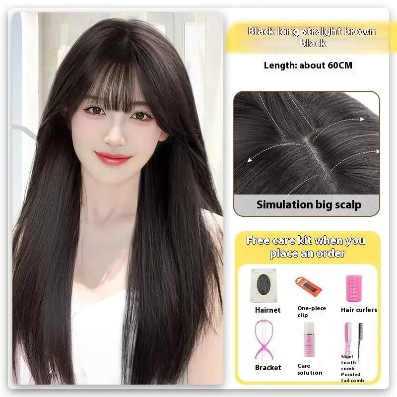Long straight black wig with forehead lace and side bangs made from high temperature fibre.