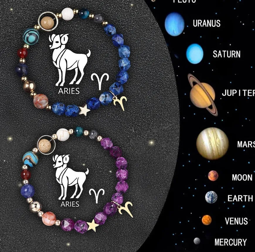 Set of twelve natural stone beaded bracelets, each representing a different zodiac sign with celestial charms.