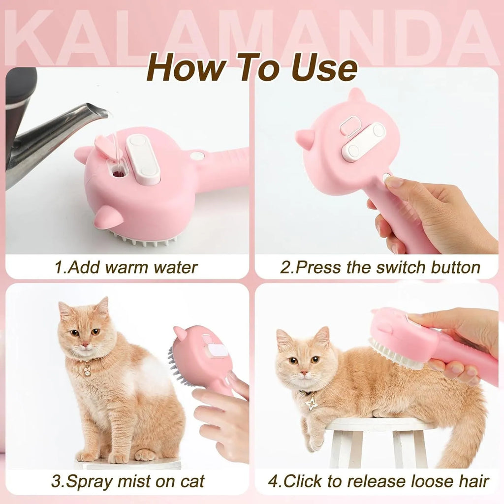 Blue cat-ear shaped steam brush for pet grooming with rubber bristles and a release button.