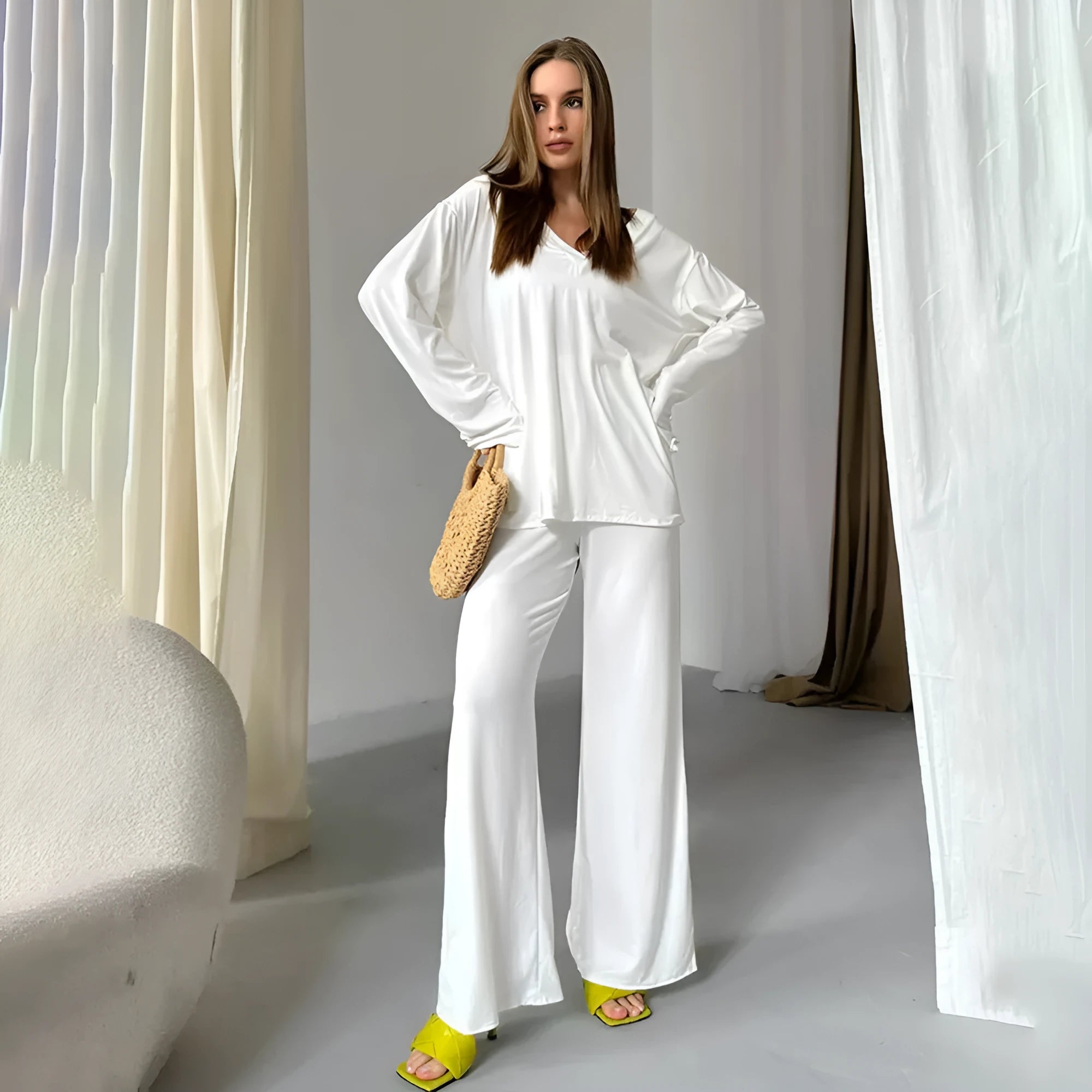 Long sleeve pajama set for women in viscose blend, white colour, top and pants on display