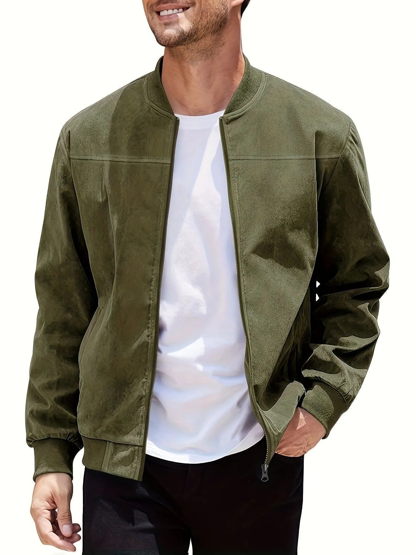 Men's plus size suede casual zipper jacket in Army Green colour