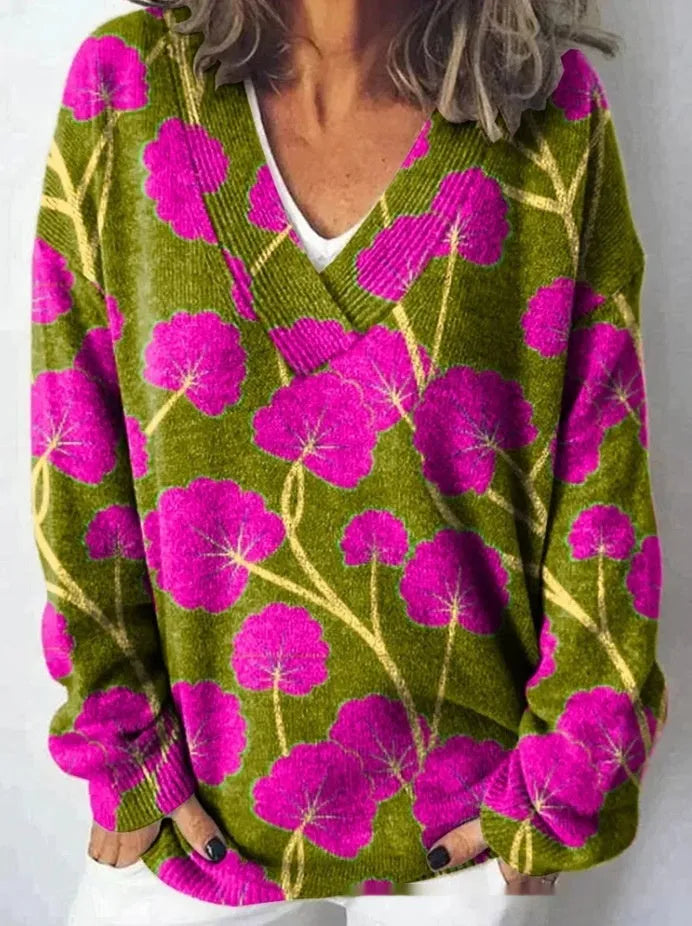 Women's floral pattern printed V-neck sweatshirt with 3D effect and long sleeves
