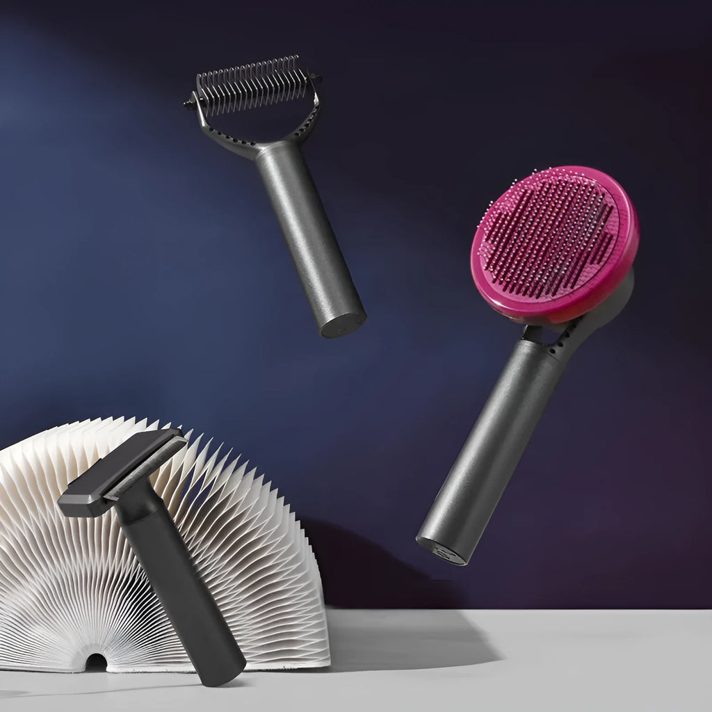 Pet hair removal and knot comb set in matte black and noble purple, AUS304 stainless steel and ABS, for cats and dogs