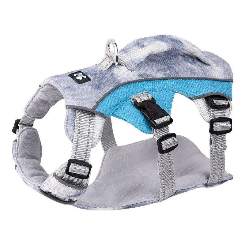 Reflective dog cooling chest strap in light blue colour with adjustable polyester straps