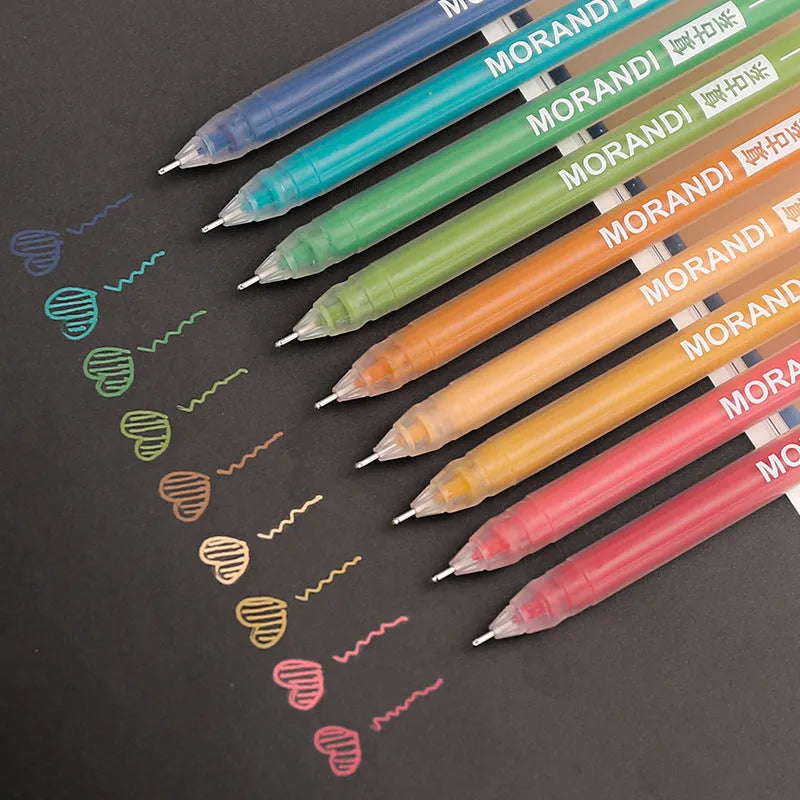 Retro hand account gel pen set showing nine colour pens with 0.5mm needle tips and plastic construction