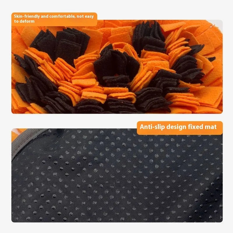Orange pumpkin-shaped pet smell mat made from polar fleece for slow feeding and scent training games.