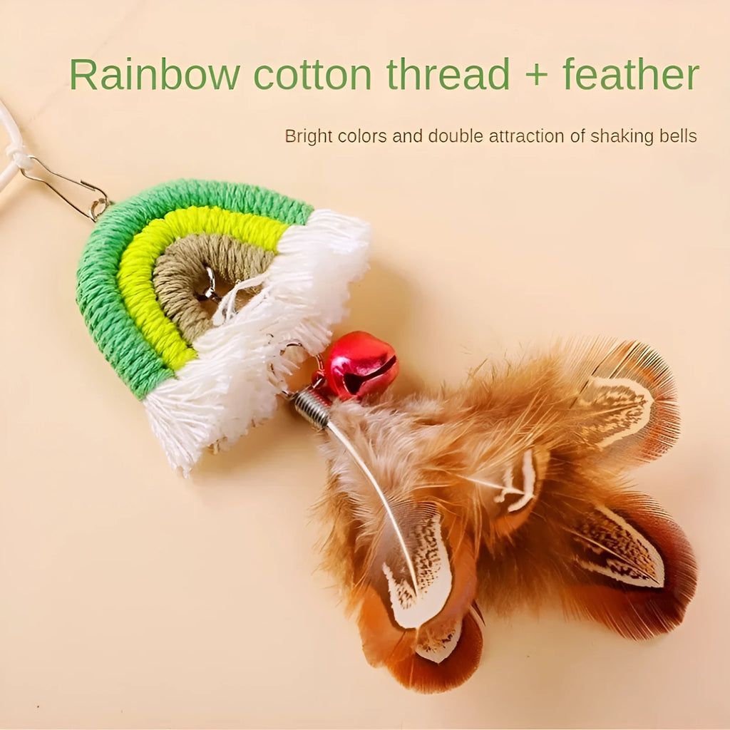 Blue feather rope cat toy hanging from door with elastic swing and sticky buckle clamp