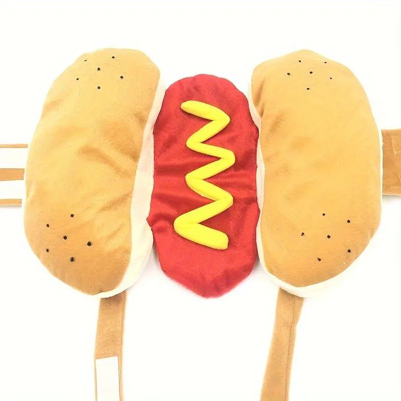Brown and mustard coloured stuffed hot dog costume for a small dog, showing adjustable neck and waist fasteners.