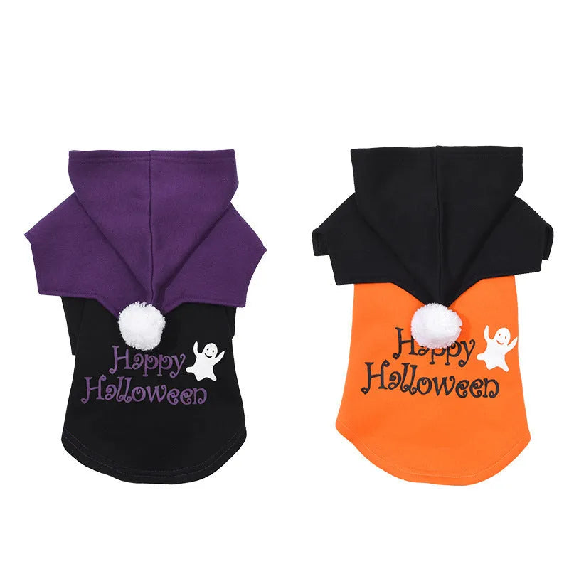 Black and orange pumpkin patterned dog sweater with matching shawl Halloween costume set
