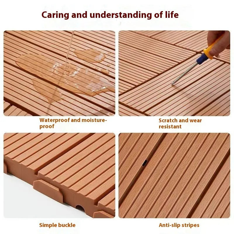 Wood grain plastic floor tiles in brown, grey and orange colours showing non-slip texture