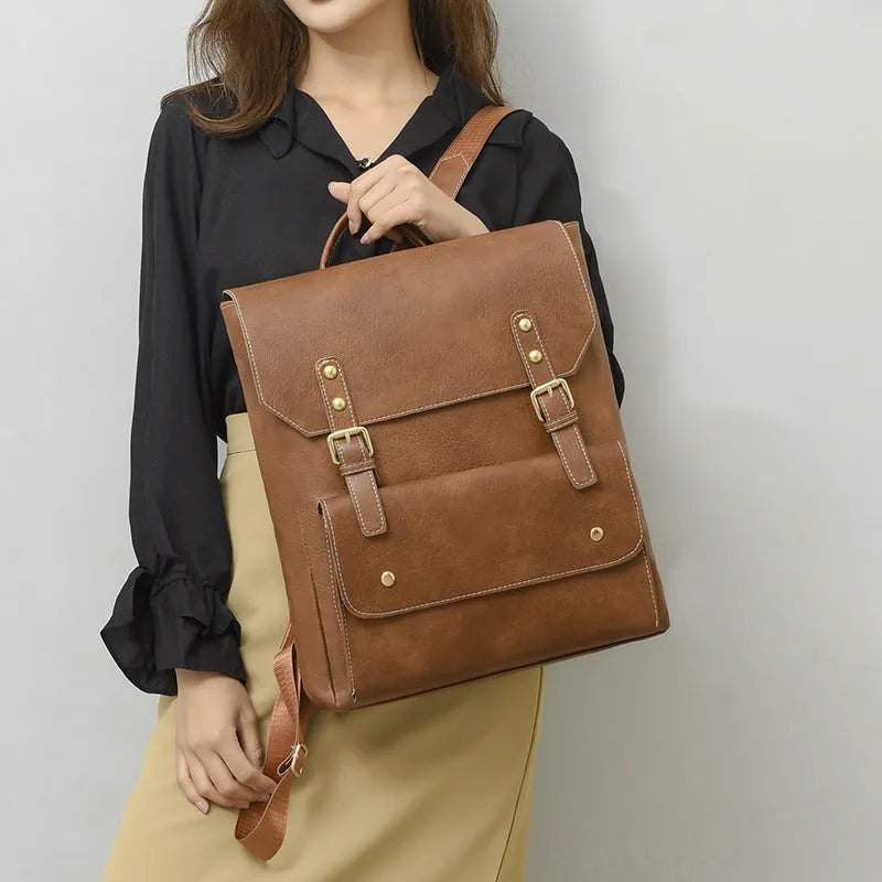 Korean retro simple backpack in black, brown, creamy white, and dark brown colours