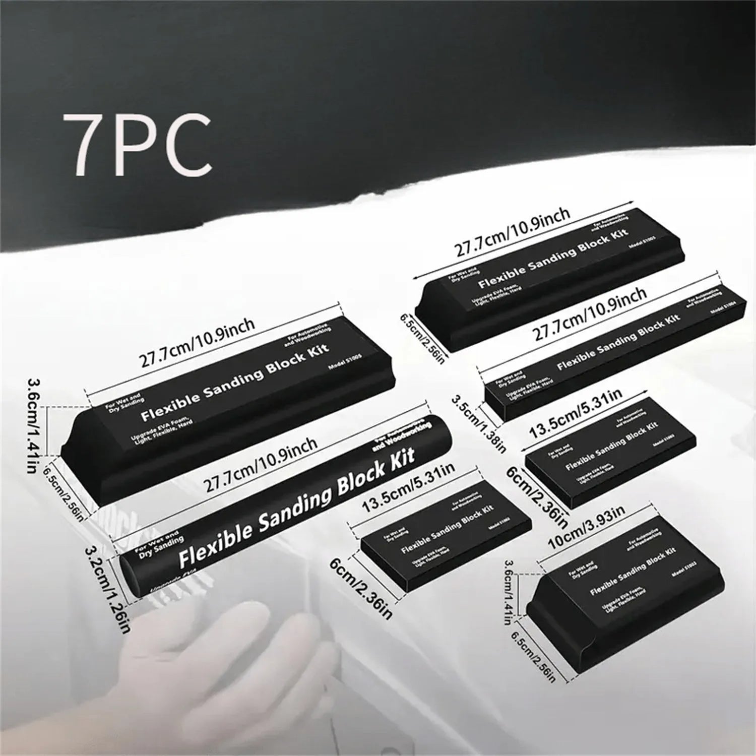 Set of seven black EVA frosted blocks for metal polishing and surface texturing.