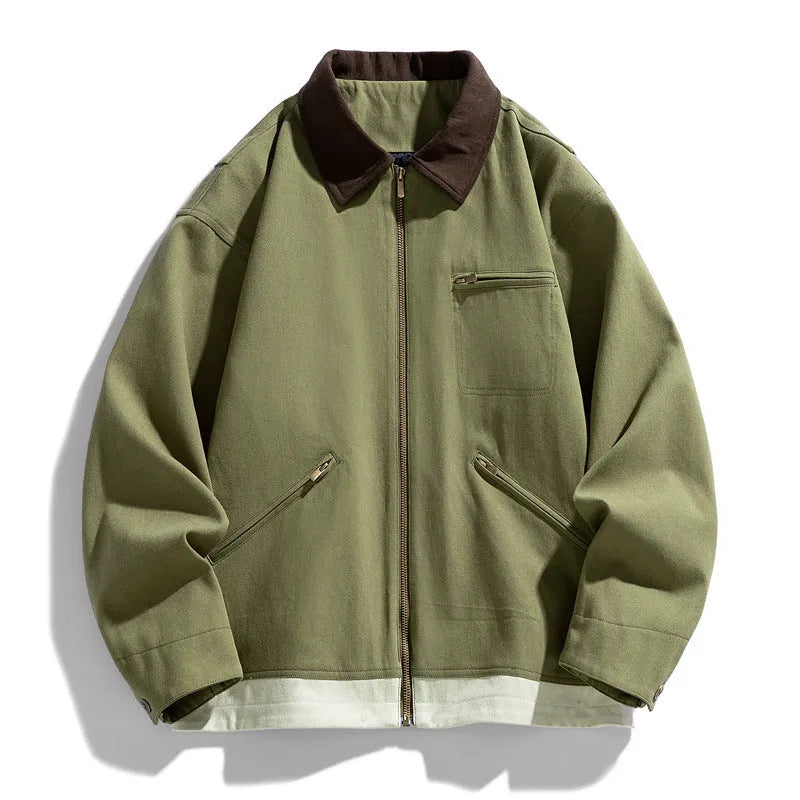 Men's loose fit workwear jacket with contrast lapels and side seam pockets in mint green colour