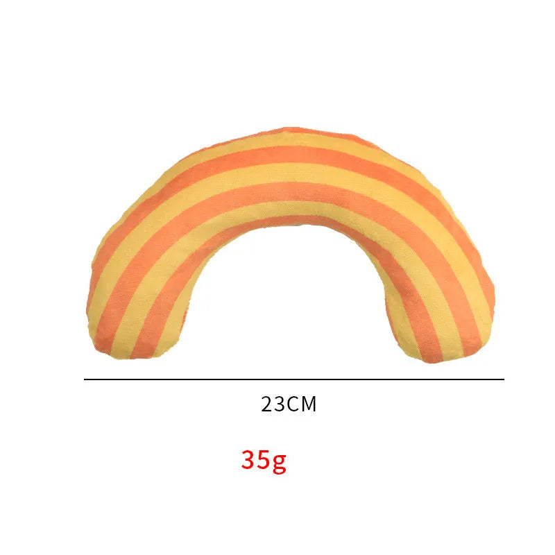Striped pattern cat pillow toy with built-in catnip in green, rainbow or yellow colours