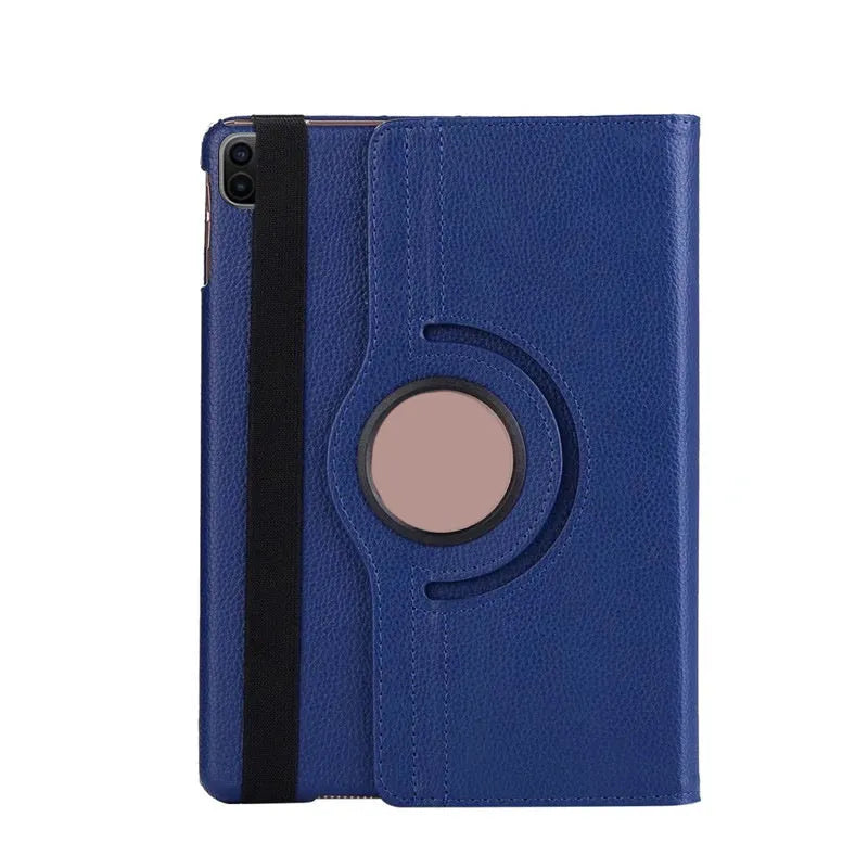 Imitation leather rotating clamshell protective sleeve for iPad and iPad Pro tablets.