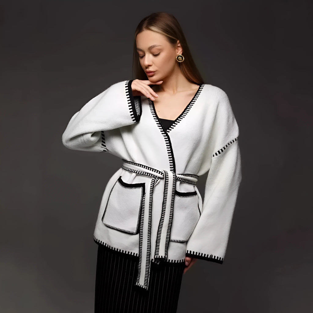 Lace-up front imitation cashmere knitted cardigan in loose mid-length fit showing black, camel, and white colour options