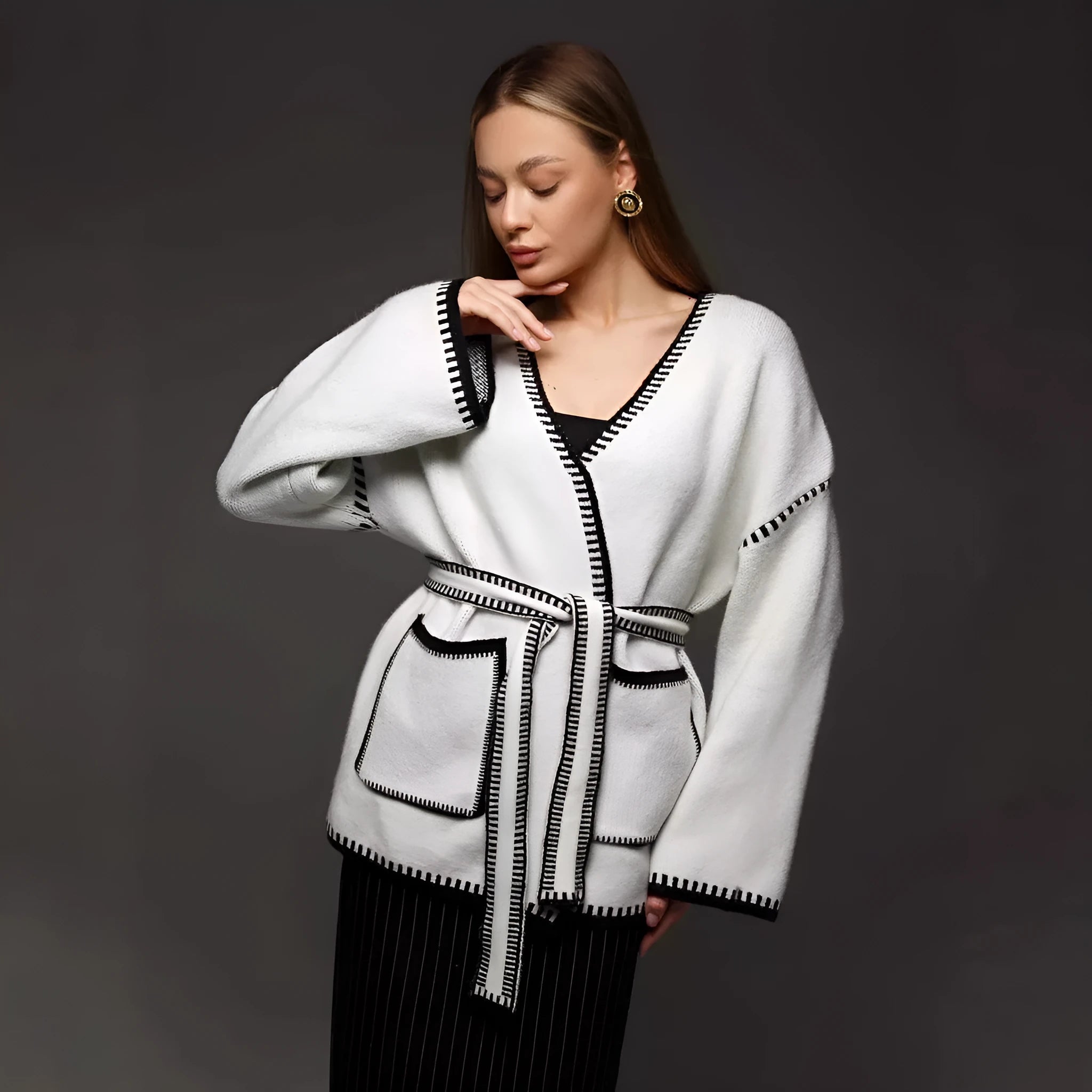 Lace-up front imitation cashmere knitted cardigan in loose mid-length fit showing black, camel, and white colour options