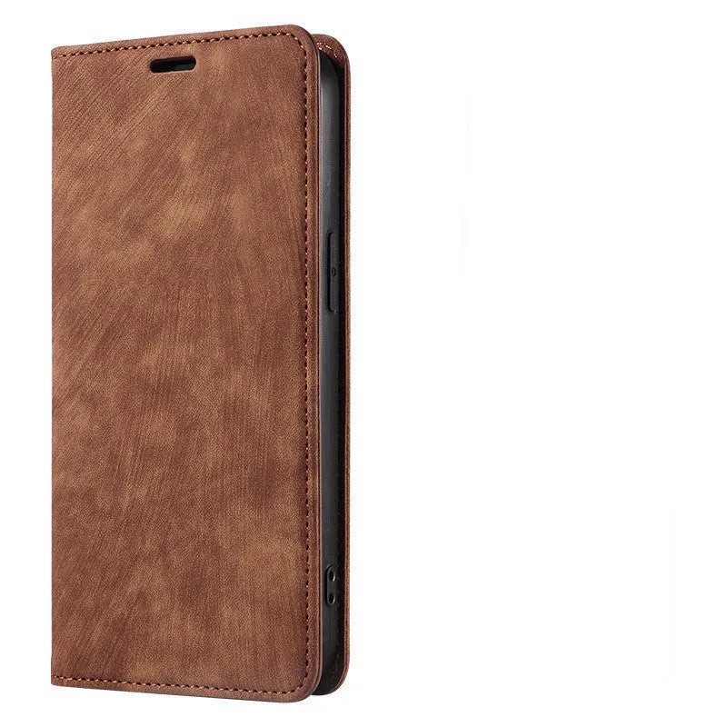 Magnetic flip phone case in solid colour for iPhone, showing TPU frame and leather cover.