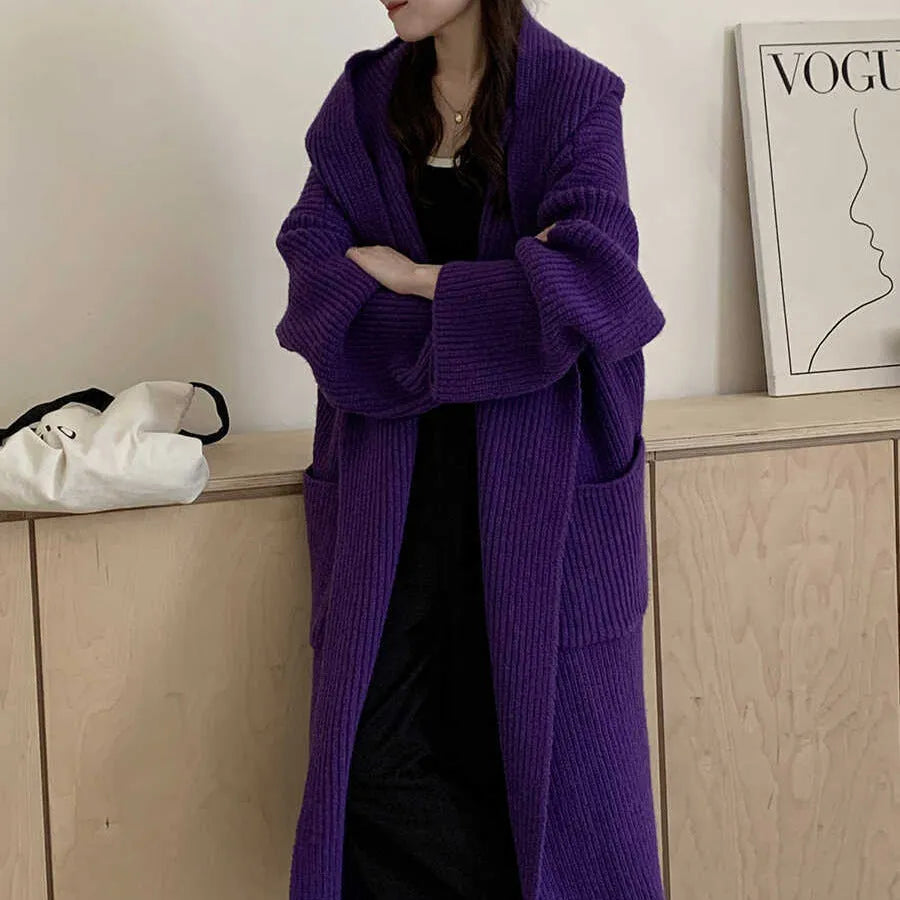 Loose fit women's hooded cardigan coat in soft acrylic fabric, shown in milky white.