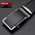 Men's gun black leather belt with an automatic alloy buckle, laid flat showing its length