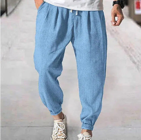 Men's loose cotton ankle pants with elasticated bands in light green colour