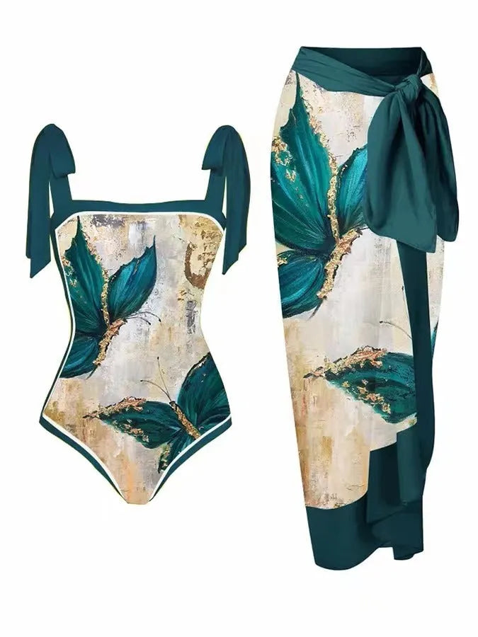 Women's printed chiffon two-piece swimsuit set with matching hip skirt