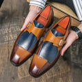 Men's British style retro buckle casual leather shoes in brown blue and black colours with tall crown design