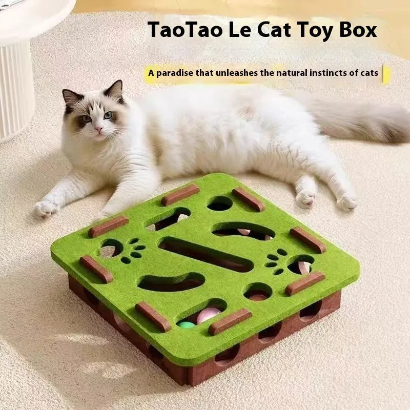 Felt cat toy box measuring 30x30x7.5cm with hole design for scratching