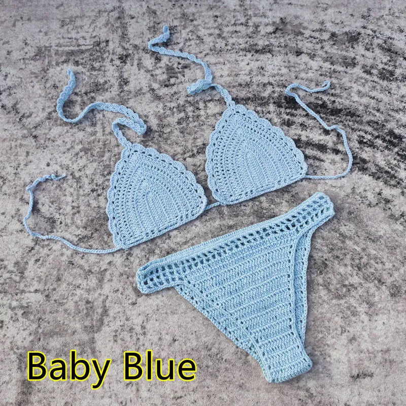 3-piece crochet bikini swimsuit set with matching beach skirt in solid colour