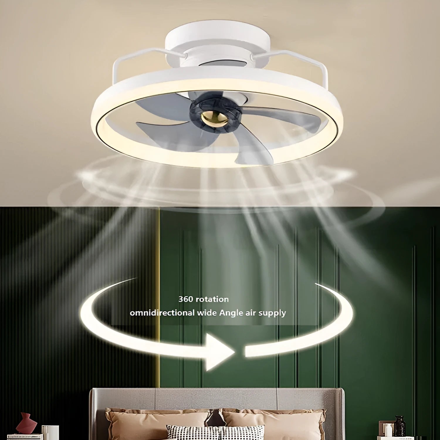 Modern overhead fan lamp with 500mm blades and integrated acrylic light shade in multiple colour options
