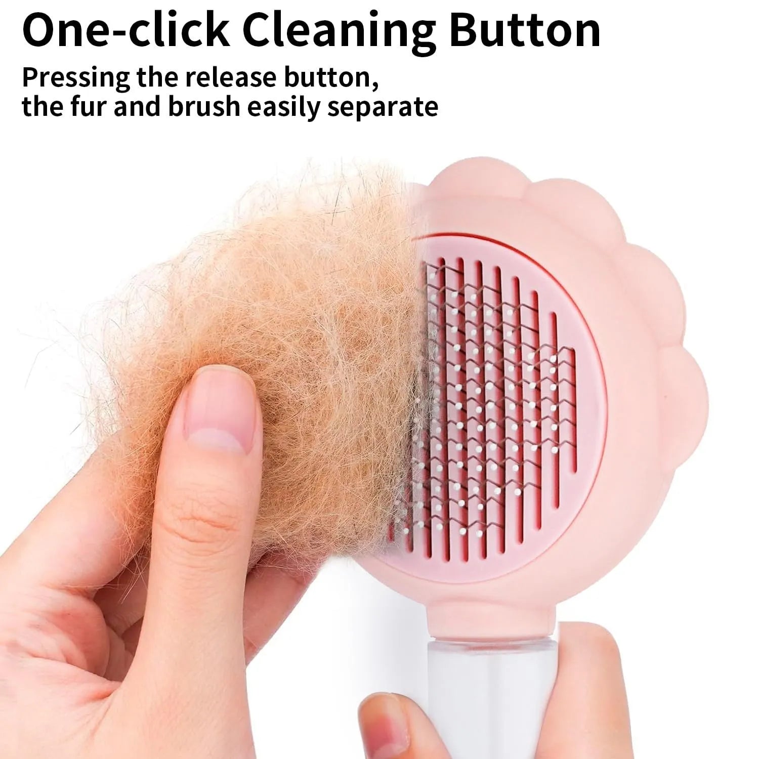 Grey spray cat brush with self-cleaning button and stainless steel bristles on a white background.