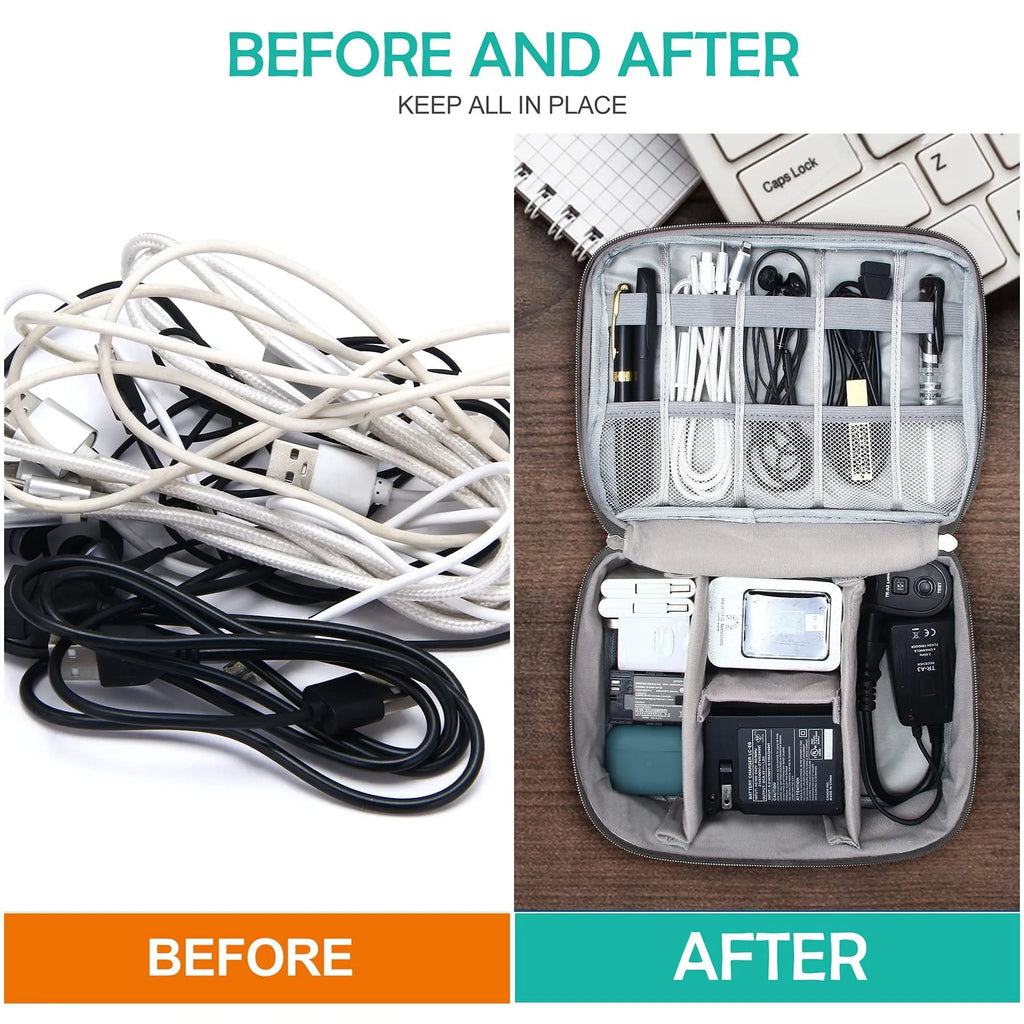 Black waterproof electronics organiser bag open, showing mesh pockets, elastic loops and removable dividers.