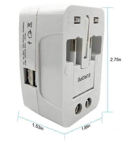 A compact white universal travel plug converter on a plain background.