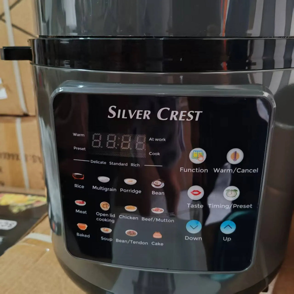 6L multifunctional automatic electric pressure cooker with touch buttons, LCD display, and aluminium core lining