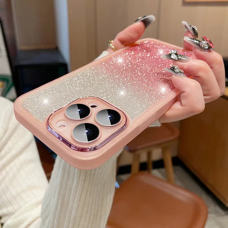 Ultra-thin transparent glitter gradient iPhone case with magnetic suction on a table